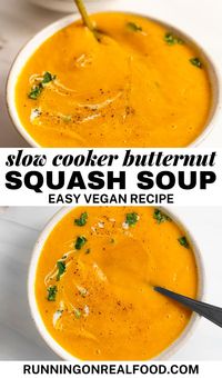 This vegan slow cooker butternut squash soup is easy to make with simple ingredients for a healthy, nourishing and delicious meal. This recipe is budget-friendly, freezes well and is great for meal prep. Serve on its own for a light meal or as a starter or side dish.