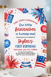 Celebrate your little one's first birthday with a patriotic twist! Our "4th of July Little Firecracker 1st Birthday Invitation" is perfect for a festive summer celebration. Featuring red, white, and blue designs with playful firecracker elements, this invitation captures the spirit of Independence Day. Fully customizable, you can personalize all the details to create the perfect invitation for your party. Make your child's first birthday a memorable and explosive event with this charming and vibrant invitation!