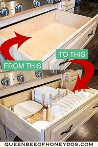 DIY custom dish drawer organizer! Much sturdier than a pegboard. See how to make a professional system for less than buying. This one will outlive your cabinets! No wobbled out holes like you get with a pegboard. #plates #dishes #organizer #drawer #kitchen #cabinets