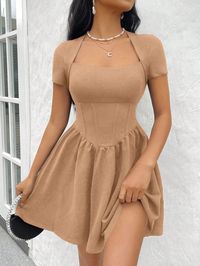 Plus Size Triangle Design Waist Gathered Short Sleeve Knit Mini Dress, Frenchies Khaki Casual  Short Sleeve Knitted Fabric Plain A Line,Fit and Flare Slight Stretch  Women Plus Clothing, size features are:Bust: ,Length: ,Sleeve Length: