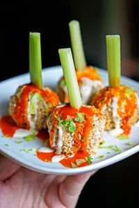 Crunchy Buffalo Chicken Meatballs with Bleu Cheese Drizzle