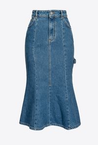 Blue denim mermaid-style midi skirt with five pockets. High waist with belt loops and topstitching that accentuates the silhouette, slim-fitting top part and slightly flared at the bottom. Zip and tack-button fastening.