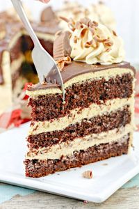 Moist chocolate cake with rich peanut frosting and a silky smooth ganache. If you like the candy you'll love this Reese's cake. 