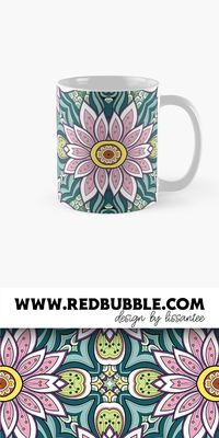 Shop Mug with Ethnic Kaleidoscopic Print © All Rights Reserved on demand Redbubble stylish aesthetic  11oz 325ml dishwasher safe ceramical ceramic cup coffee tea drink design artwork art ideas doodle floral ornament pattern vitrage tile fantasy mosaic mandala ornate abstraction  tribal boho bohemian art deco hippie modern batik floor carpet texture pink green