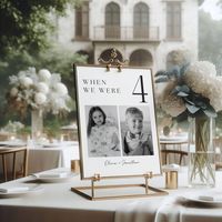 Add a meaningful, unforgettable touch to your wedding reception with these unique Wedding Table Numbers Cards! Our "When We Were" Wedding Photo Table Numbers Template lets you showcase memorable photos of you and your partner at each age, creating a heartfelt timeline that adds charm to every table. This simple and elegant Canva template is fully customizable, allowing you to edit fonts, colors, and styles effortlessly. What's Included:  ✨ Customizable Canva Template - Easily add your photos and