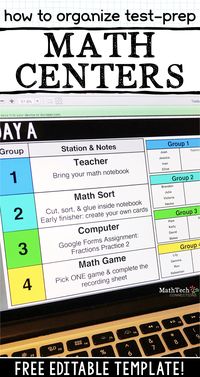 Organize your math groups with this editable template. Math workshop groups can also be used to review for end of year tests. Learn how to plan your math centers to complete test prep for upper elementary grades. #mathworkshop #mathtestprep #MathTechConnections #thirdgrademath #guidedmath #mathcenters