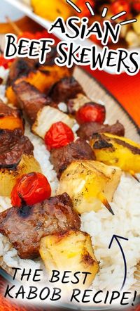 These ASIAN BEEF SKEWERS are an easy BBQ kabob recipe with tender beef, seasonal veggies, and a mouthwatering marinade skewered up to grilled perfection. #asiankebobs #kebobs #beefskewers #asianskewers #marinatedkabobs #bbqrecipe #grilling #grillingrecipe