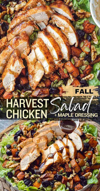 The ultimate half baked Harvest Chicken Salad, a healthy and hearty option perfect for those who love simple whole foods and clean eating. This fall harvest salad with chicken combines the best flavors of the season: tender roasted sweet potatoes, apples, crunchy pecans and pumpkin seeds, all mixed with fresh greens, savory juicy chicken and finished with a maple vinaigrette. Great for a crowd or served portioned. #HarvestChickenSalad #FallSalad #HealthyEating #CleanEating