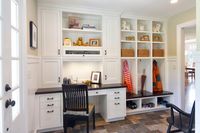 Mud Room & Office space. Transform your mudroom into a double-function space with a built-in desk and file storage. One wall is all you need if you plan it right. The cubbies and hooks help keep outdoor gear and clutter separated from the desk area.