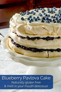 Blueberry Pavlova Cake. A light as air, melt in your mouth, luscious dessert which just happens to be gluten free too! Substitute any berry or fruit jam you like! #glutenfreedessert #glutenfree #blueberryrecipes #blueberry #meringue #lightdessertrecipes