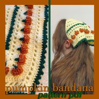 PATTERN ONLY Crochet Pumpkin Bandana Kerchief Hair Scarf Cute Fall Autumn Accessories Intermediate Digital Download PDF This pattern is labelled intermediate due to some color-changing and unique stitches, but also includes lots of pictures explaining how to do those stitches. This is a PDF download, NOT a finished project, that is 11 pages long with lots of pictures. It is written using US crochet terms. Materials need: 100 yards of your main color in a worsted weight yarn(I used an off-white i