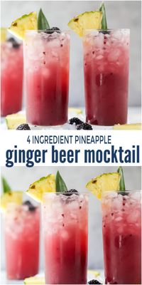 This 4 Ingredient Pineapple Ginger Beer Mocktail is a tropical fiesta for your taste buds! Made with sweet pineapple juice, fresh blackberries, zesty lime juice and bubbly ginger beer, it's an easy alcohol-free beverage that light and refreshing for the summer! #mocktailrecipe #nonalcoholic #gingerbeerrecipes #summermocktails #virgindrinks