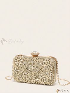 Bird in Bag - Elegant Rhinestone Embellished Clutch Bag Featuring Metal Chain Strap - Ideal for Weddings, Banquets, and Parties Glamorous Wedding Evening Bag With Rhinestones, Gold Bling Bags For Wedding, Elegant Sparkling Wedding Bags, Sparkling Clutch Evening Bag For Wedding, Rhinestone Evening Bag For Wedding, Crystal Evening Bag For Wedding, Gold Crystal Evening Bag For Wedding, Elegant Sparkling Bag For Wedding, Glamorous Sparkling Clutch For Weddings