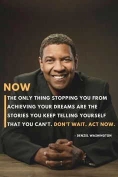 a man sitting at a table in front of a sign that says, now the only thing stopping you from achieving your dreams are the stories you keep telling yourself