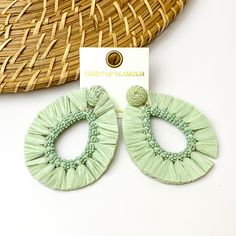 Mint green fringe open drop hoop earrings. Pictured with a white background and wood like decoration in the top left corner. Giddy Up Glamour, Matching Necklaces, Teardrop Earrings, Mint Green, Statement Earrings, Sale Items, Mint, Beads, Green