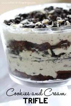 cookies and cream trifle in a glass dish on a white table with text overlay