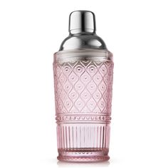 a pink glass bottle with a silver lid