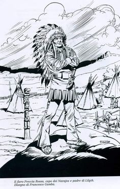 a black and white drawing of a native american man standing in front of some teepees