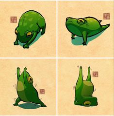 four different pictures of a green frog sitting on the ground with its head in the air