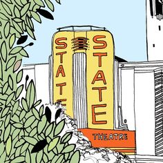 an illustration of a building with a sign that says state theatre in front of it