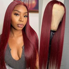 UNice Colored Wigs 99J Human Hair Wigs 150% Density Pre-Plucked With Baby Hair Straight Hair 99j Wig, Brazilian Wigs, Real Hair Wigs, Brazilian Remy Hair, Red Wigs, Wigs Hair, Colored Wigs, Straight Lace Front Wigs, Hair Replacement