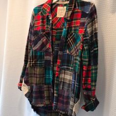 Beautiful Made, Colorful Fabric Combines Cool Stitching And Lace And Raw Hem Detailing. In Great Condition Purchased From Free People. Listed Elsewhere Multicolor Long Sleeve Flannel Top, Multicolor Patchwork Shirt For Fall, Plaid Patchwork Long Sleeve Blouse, Long Sleeve Plaid Patchwork Blouse, Multicolor Long Sleeve Flannel Shirt For Fall, Colorful Fabric, Flannel Shirts, Recycle Clothes, Beautiful Clothes