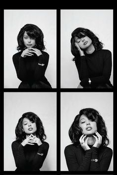 black and white photos of a woman with her hands on her chin, posing for the camera