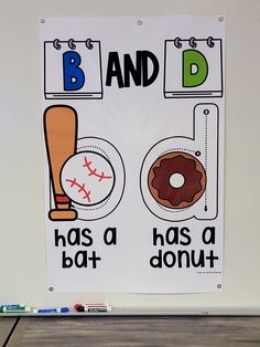 a sign that says b and d has a bat, donut and baseball on it