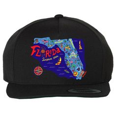 a black snapback hat with the map of florida on it