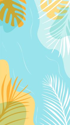 an abstract background with tropical leaves in pastel colors, including blue, yellow and green