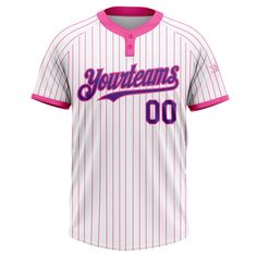 a pink and white baseball jersey with the word, your team's name on it