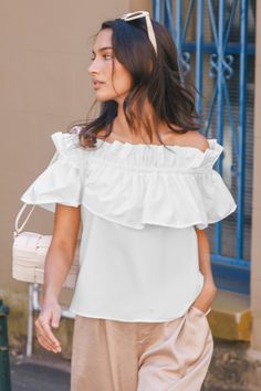 Add a touch of romance with the White Off-Shoulder Flounce Bodice Blouse! It's cute, it's comfy, and it's perfect for summer days or date nights. Product code: CAA04B4D016CC Features:  Woven Off-shoulder styling Short sleeves Flounce bodice Wash Method: Regular Wash Material: 80%POLYESTER,20%COTTON. Affordable Swimwear, Size Matters, Off Shoulder Fashion, Make Memories, Date Nights, White Off Shoulder, Short Styles, Summer Days, Have Fun