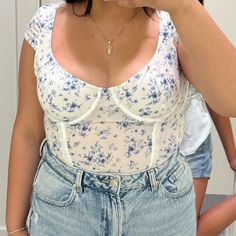 Garage Milan Mesh Tie Back Bustier Size: Xl Color: White W/ Blue Floral Print Never Worn Fit Me Way Too Big New With Tags! Garage Tops, Blue Floral Print, Tie Backs, Tie Back, Blue Floral, Fashion Inspo Outfits, Milan, Fashion Inspo, Color White