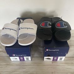 Set Of 2 Champion Slides. Black And White. Both Size 8 And New With Tags And Box. (A) Champion Slides, Champion Shoes, Slides Sandals, Sandals Black, Black Sandals, Slides, Black White, Women Shoes, Black And White