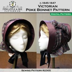 "Victorian Poke Bonnet DIGITAL PDF sewing pattern, appropriate for mid to late 1840's impressions. Based on original poke bonnets dating from 1845-1847, this style of bonnet can be seen in many fashion plates of the time.  This pattern creates a low brim bonnet design, that fits completely onto head and is tied with ribbons under the chin. The crown is conical in shape with a slightly rounded tip. Two styles of bonnets are included in this pattern - a shallow brim or deep brim style that can be Poke Bonnet, Historical Hats, Bonnet Pattern, Patterned Sheets, Bias Tape, Fashion Plates, Coordinating Colors, Silk Ribbon, Fashion Fabric