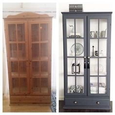 two pictures side by side, one with glass doors and the other with wooden shelves