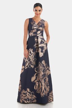 Pleated Gown, Kay Unger, One Shoulder Gown, Floral Gown, Maxi Gown Dress, Floral Jacquard