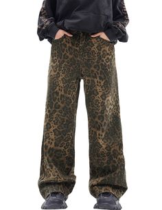 PRICES MAY VARY. Men's Leopard Pants:It can be used as a street item by loosely putting it together as a whole, and it is an item that can be worn around. Wear a shop coat or overshirt with a dull-colored Ron T or short-sleeved T-shirt for a casual look. Leopard style jeans: perfect to match with basic t-shirt, sweater, coat, jacket, flats or boots, creating a simple but fashion effect for you. Looks cool and handsome in daily wear. Never out of date! Size Note: Please look at the size info on t Leopard Print Pants Outfit, Printed Pants Outfits, Style Wide Leg Jeans, Over The Knee Boot Outfit, Black Thigh High Boots, Fit Y2k, Leopard Jeans, Leopard Print Jeans, Pants Outfit Men