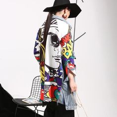 Millennial Novelty Long Denim Jacket | Millennials Multicolor Denim Outerwear With Patches, Funky Fall Streetwear Outerwear, Retro Patchwork Denim Jacket For Fall, Multicolor Patchwork Long Sleeve Denim Jacket, Trendy Multicolor Patchwork Denim Jacket, Multicolor Outerwear With Patches For Streetwear, Multicolor Patched Outerwear For Streetwear, Multicolor Graphic Print Denim Jacket For Spring, Retro Oversized Patchwork Outerwear