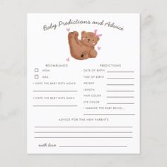 a baby dedication card with an image of a teddy bear on it's back