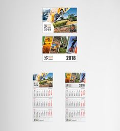 three calendars with pictures of construction equipment on the front and back sides, each showing different times