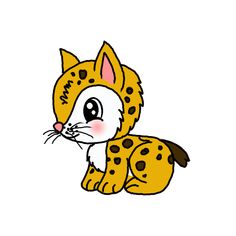 a drawing of a cartoon cat with spots on it's face and tail, sitting down