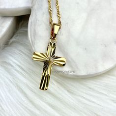 DESCRIPTION: Beautiful high polish 18K Gold Plated Cross Charm necklace that is the perfect piece for any outfit! LENGTH: Multiple chain sizes available for selection above. Pendant: 1 inch. MATERIAL: 18K Gold Plated over Stainless Steel. Hypoallergenic, Tarnish Free and Water Resistant. Mix and match with any of our 18K Gold Necklaces and Anklets to create the most unique and customized look! All orders are shipped out within 1 business day. PoshForKeeps is proud to be a USA company. Gold Cross Necklace With Polished Finish, Heart Initial Necklace, Customized Necklace, Cross Charm Necklace, Gift For Him Birthday, Heart Necklaces, 18k Gold Necklace, Love Pendant, Gold Heart Necklace