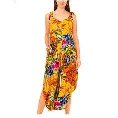 Msk New Floral Jumper Halter Top Asymmetrical Leg Jumpsuit Size Medium Sleeveless Yellow Jumpsuits And Rompers For Spring, Yellow Sleeveless Jumpsuits For Spring, Casual Yellow Printed Jumpsuits And Rompers, Yellow Summer Jumpsuits And Rompers For Vacation, Yellow Floral Print Jumpsuits And Rompers, Yellow Summer Jumpsuits And Rompers For Beach, Chic Yellow Jumpsuits And Rompers For Beach, Yellow Jumpsuits And Rompers For Beach Season, Chic Yellow Beach Jumpsuits And Rompers