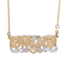 Own a one of a kind custom hand made nameplate necklace. This design can be made in your name or any name of your choice. Its completely hand made from start to finish. The attention to detail really comes out as compared to a machine made one that looks bland and no design. This particular designs comes in yellow gold back and white gold top with hand carved heart with diamond cuts throughout the piece to give it a beautiful luster and shine while making the nameplate really stand out. You can Nameplate Necklace Gold, Accessory Inspo, Carved Heart, Nameplate Necklace, Personalized Pendant, Gold Top, 8th Grade, Flower Earrings Studs, Flower Studs