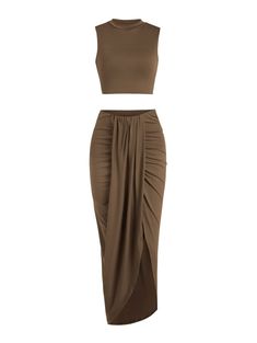 PRICES MAY VARY. ▶Features:Women's crewneck crop tops and wrap draped midi skirt set with sleeveless style,sexy side slit two piece tank dress set,elegant frontal ruched design,comfortable calf length,a soft fitting cover ups. ▶Recommended Suiting:Easy to dress up or down, can wear the pieces separately, not only you can wear top alone,and then match other bottom,like jeans,skirts,shorts,but also can wear midi skirt alone,and then match other tops,bikinis,very versatile. ▶Occasions:The two piece Twist Skirt, Split Front Skirt, Summer Two Piece Outfits, Twisted Skirt, Skirt Bodycon, Rock Outfit, Bodycon Maxi Dresses, Mini Robes, Maxi Robes