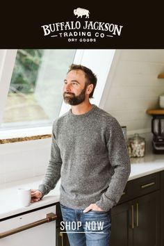 Men's long sleeve, crewneck, wool sweater. Soft, comfortable, durable. Our favorite fashion is the rugged gentleman sort, so we outfit it with jeans and boots. But it’s your sweater, so style it however you want. Great gifts for guys | dads | men who have everything. Canvas Vest, Leather Padfolio, Leather Dopp Kit, Bison Leather