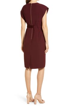 Create a long, lean silhouette with the help of flattering seams and a fitted waistline on this ruffle-sleeve sheath ideal for work or play. 41" length (size 8); 38 1/2" length (size 8P) Exposed back-zip closure V-neck Split flutter sleeves Ties at waist Side-seam pockets Back vent Lined 97% polyester, 3% spandex Dry clean or hand wash, dry flat Imported Dresses Eliza Dress, Eliza J, Nordstrom Store, Flutter Sleeves, Petite Size, Nordstrom Dresses, Flutter Sleeve, Sheath Dress, The Help