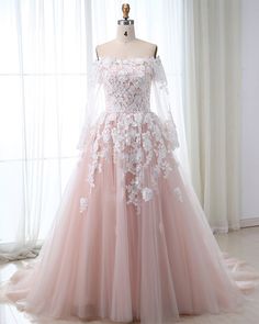 Lace Wedding Dress with Sleeves Pink Tulle Lace Appliques A-Line vestidos de novia Off-shoulder Beautiful Wedding Gown Pink Wedding Gowns, Lace Wedding Dress With Sleeves, Long Formal Dress, Pink Wedding Dress, Beautiful Wedding Gowns, Pink Prom Dress, Long Sleeve Dress Formal, Long Sleeve Evening Dresses, Pink Prom