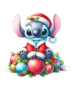 a cartoon character sitting on top of christmas balls and ornaments, wearing a santa claus hat